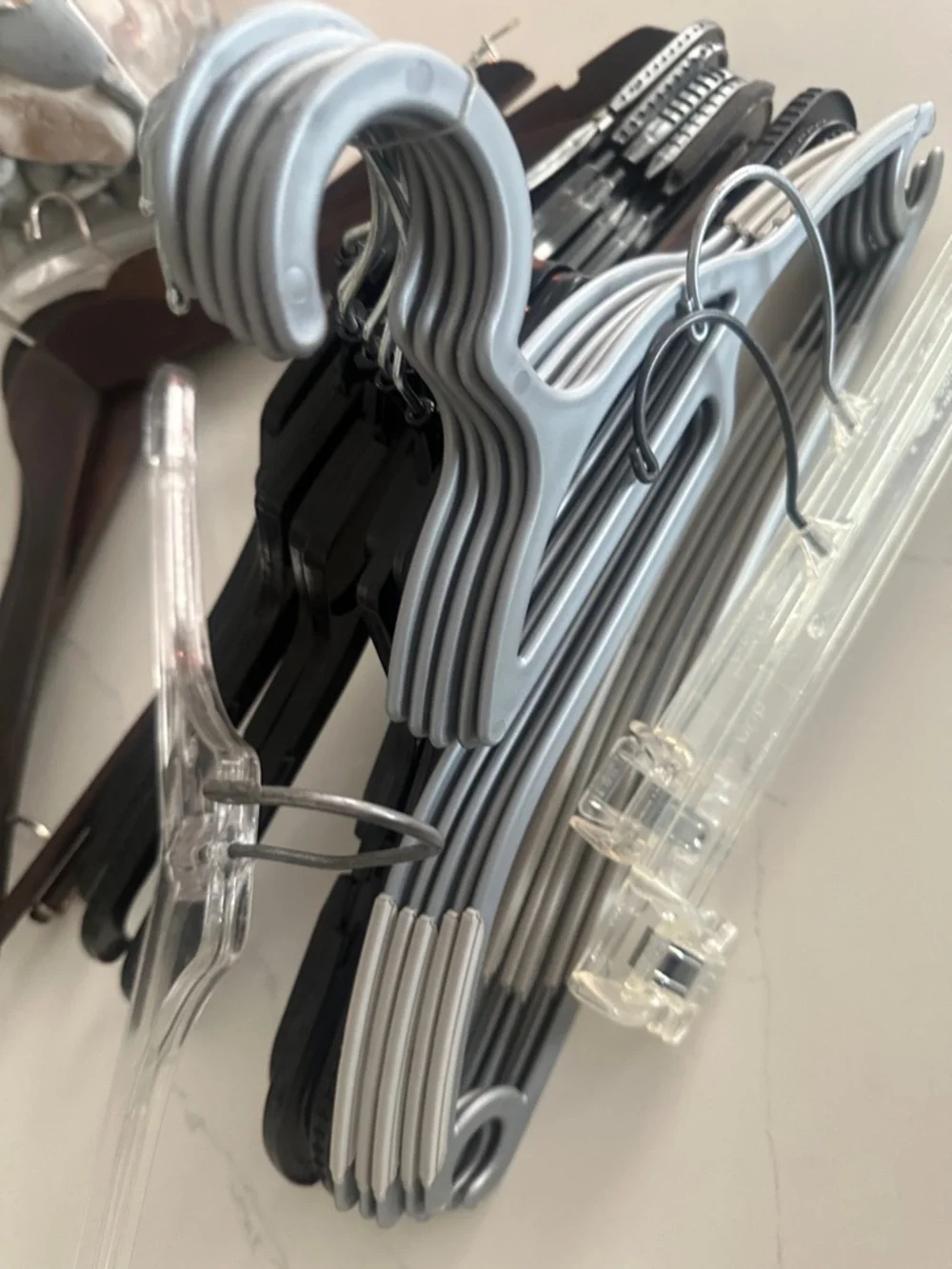 19 Assorted Closet Hangers Pack - Black, Clear, Gray, Brown
